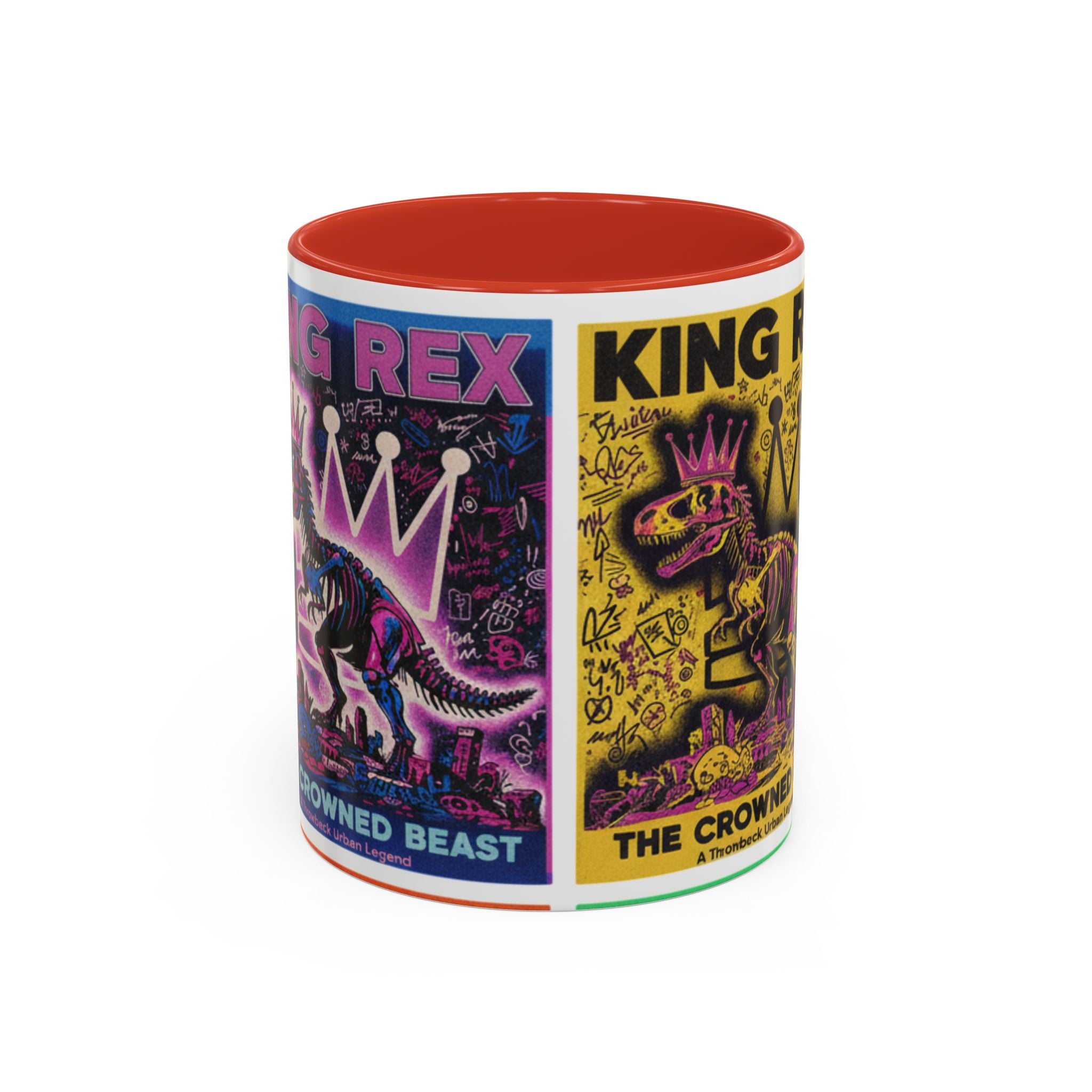 King Rex Pop-Art Coffee Mug — Retro Dinosaur Poster Accent Mug (11/15oz)