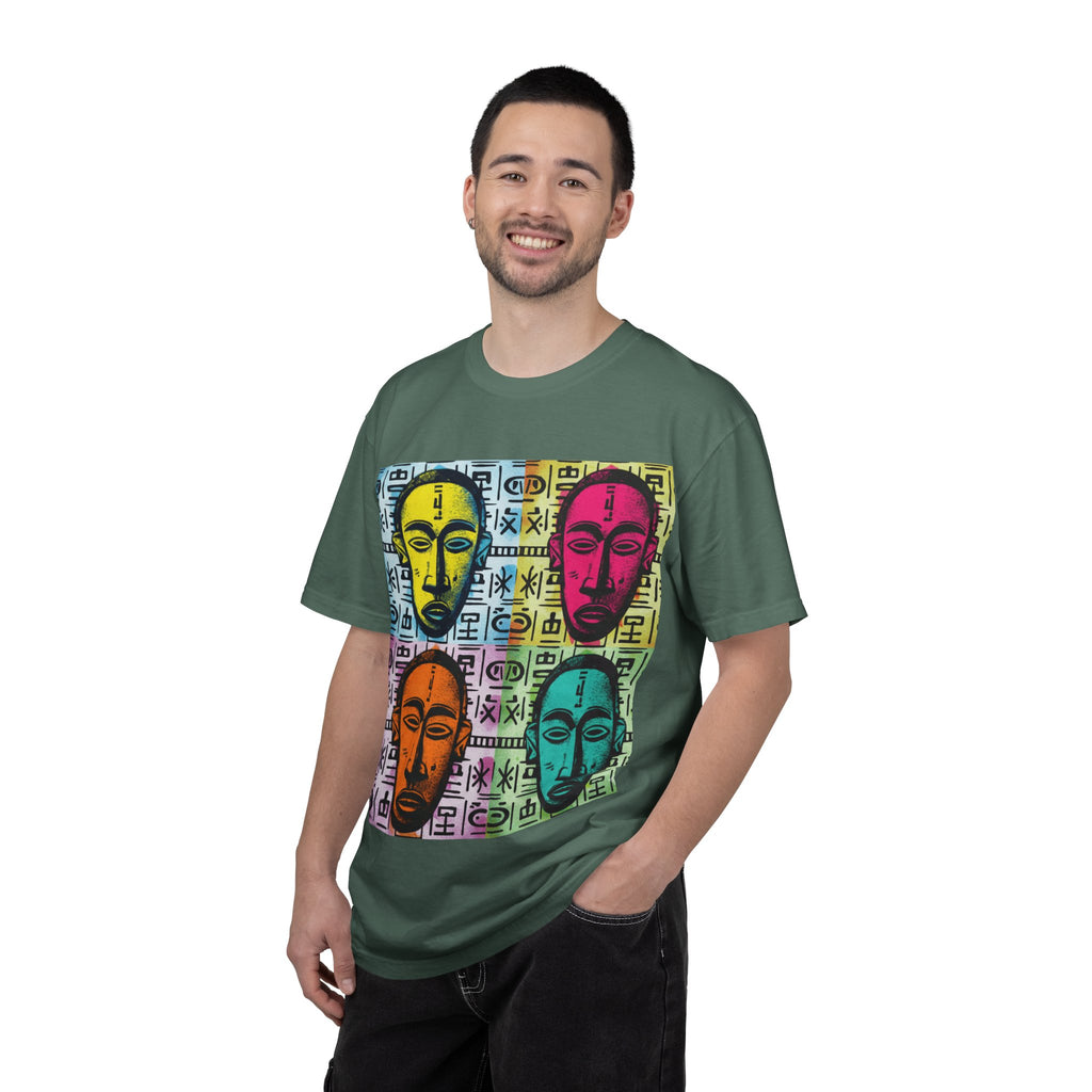 Pop Art Tribal Mask T-Shirt — Colorful Four Faces Graphic Tee