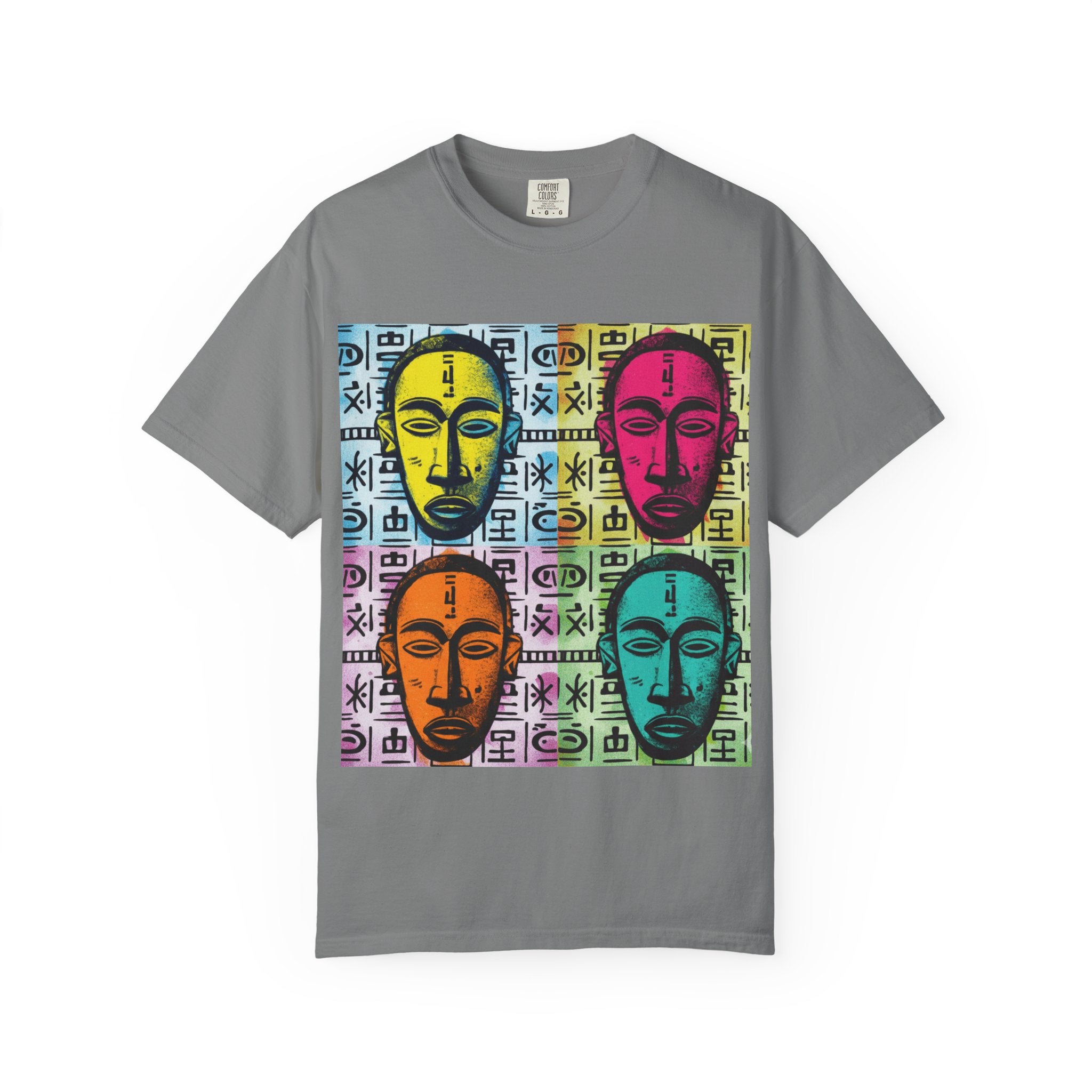 Pop Art Tribal Mask T-Shirt — Colorful Four Faces Graphic Tee