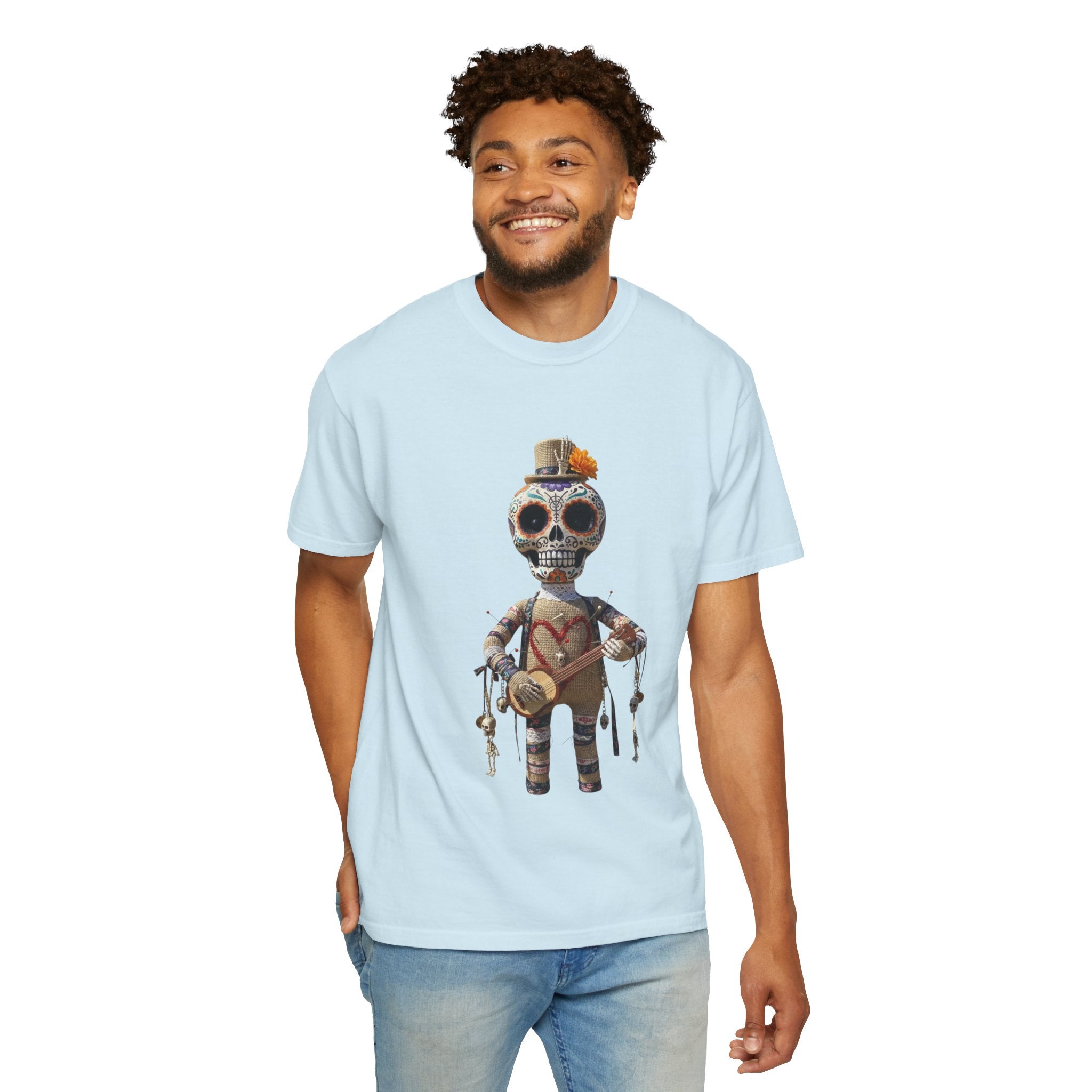 Day of the Dead Sugar Skull Doll T-Shirt — Skeleton Maraca Musician Tee