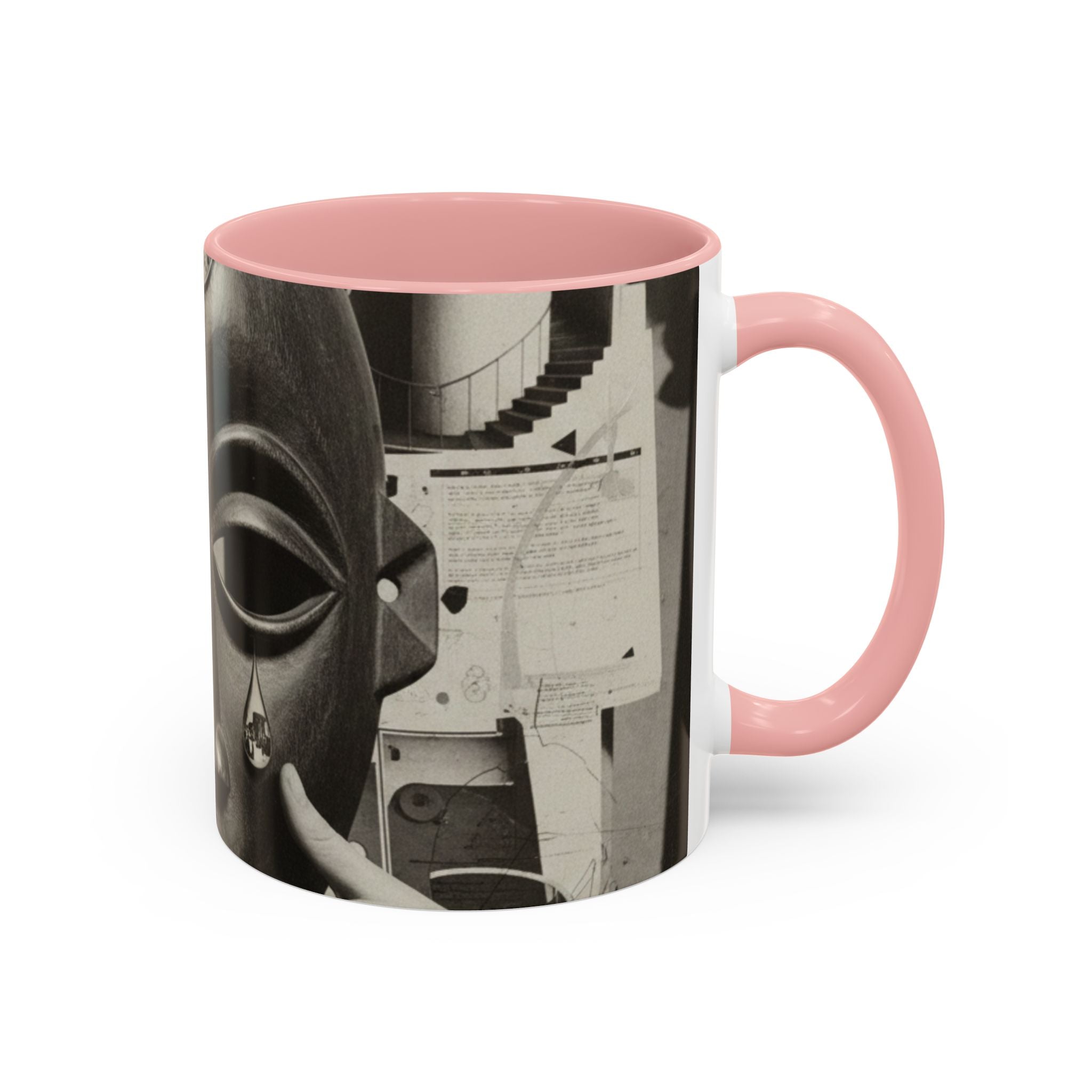 Surreal Dada Mask Accent Coffee Mug — Retro Black & White Art Ceramic (11/15oz)