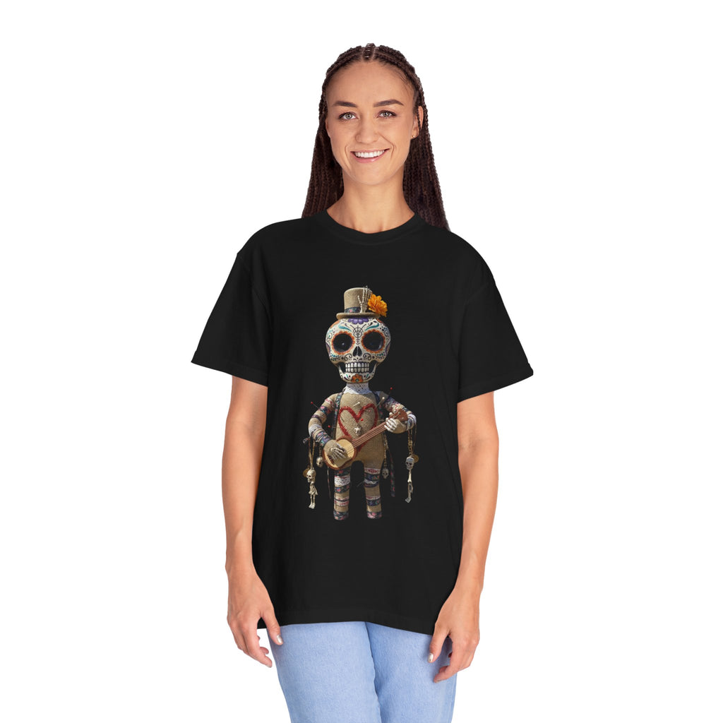 Day of the Dead Sugar Skull Doll T-Shirt — Skeleton Maraca Musician Tee