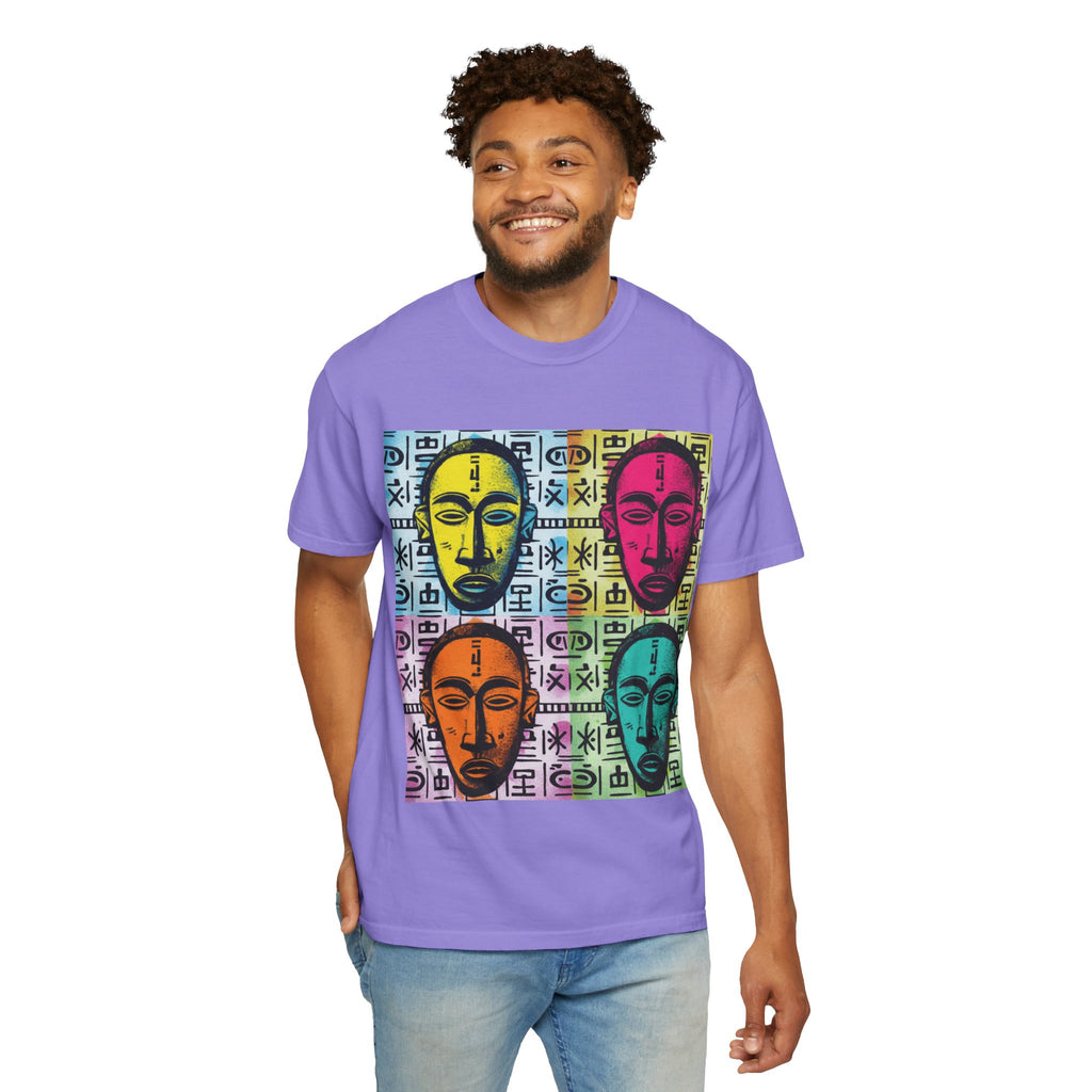 Pop Art Tribal Mask T-Shirt — Colorful Four Faces Graphic Tee
