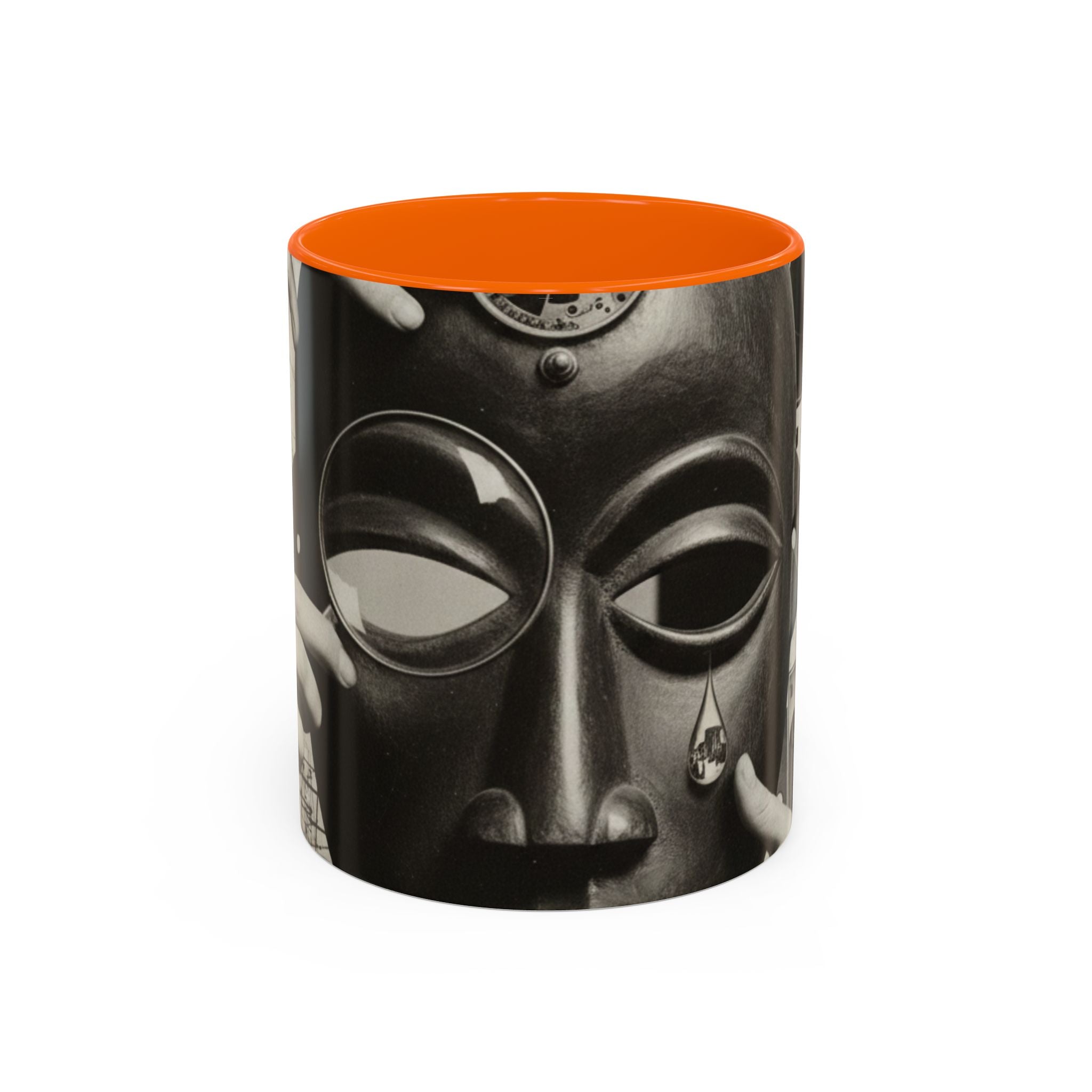 Surreal Dada Mask Accent Coffee Mug — Retro Black & White Art Ceramic (11/15oz)