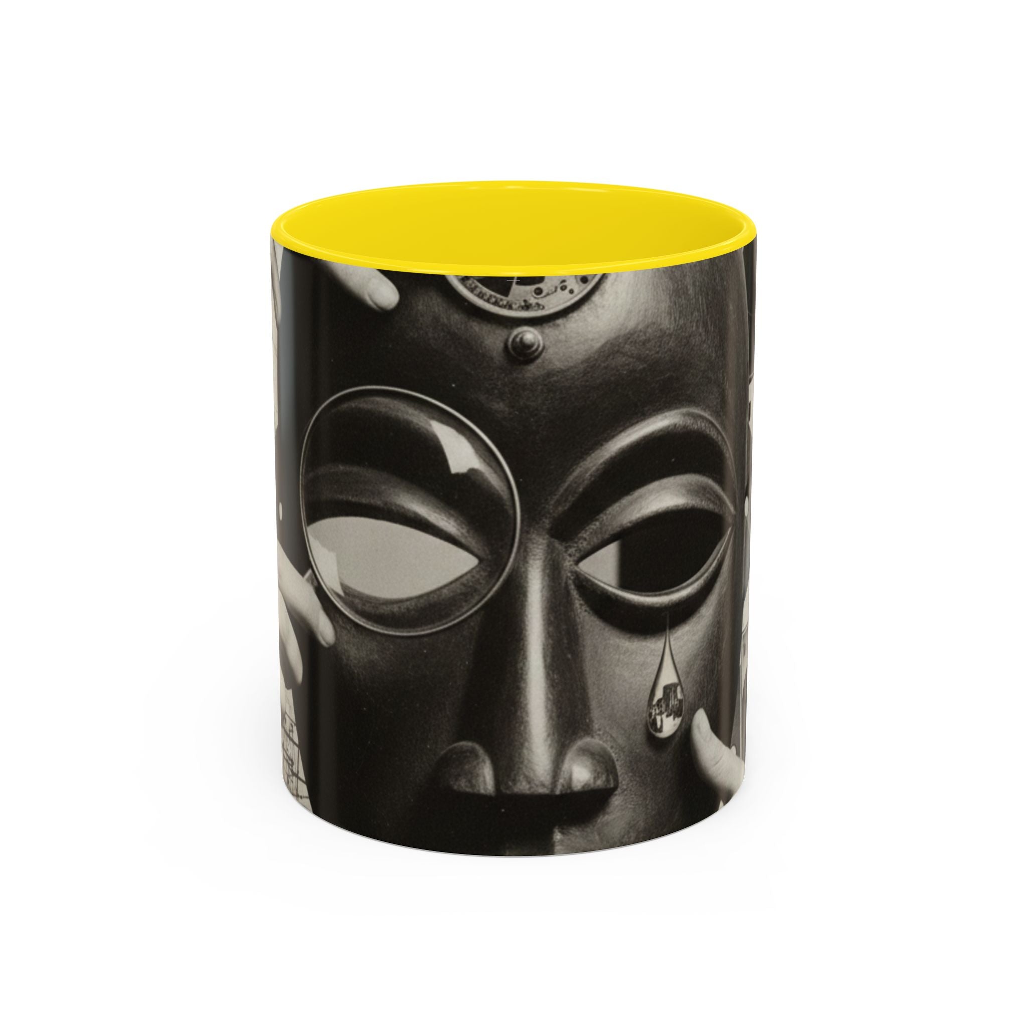 Surreal Dada Mask Accent Coffee Mug — Retro Black & White Art Ceramic (11/15oz)