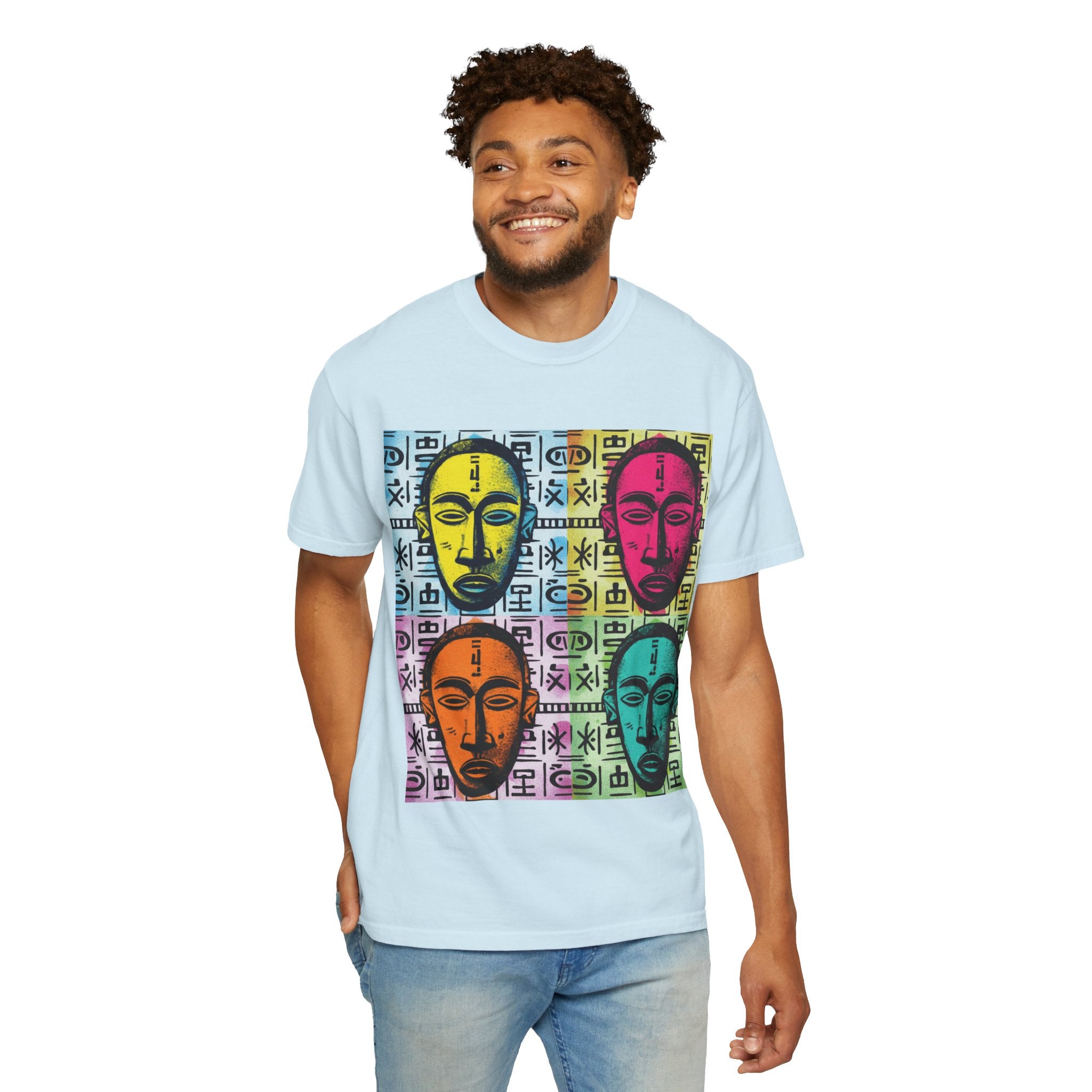 Pop Art Tribal Mask T-Shirt — Colorful Four Faces Graphic Tee