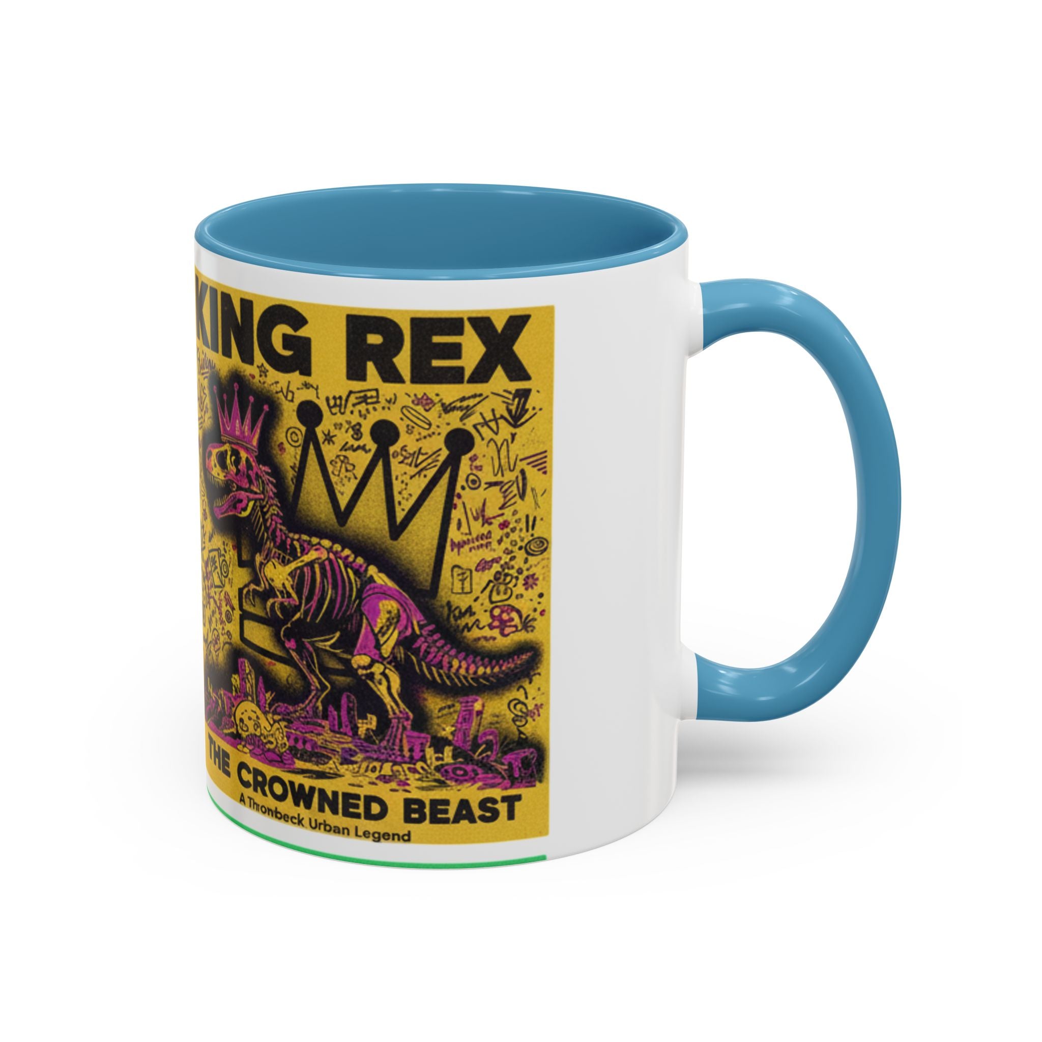King Rex Pop-Art Coffee Mug — Retro Dinosaur Poster Accent Mug (11/15oz)