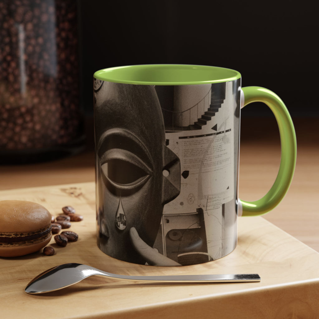 Surreal Dada Mask Accent Coffee Mug — Retro Black & White Art Ceramic (11/15oz)