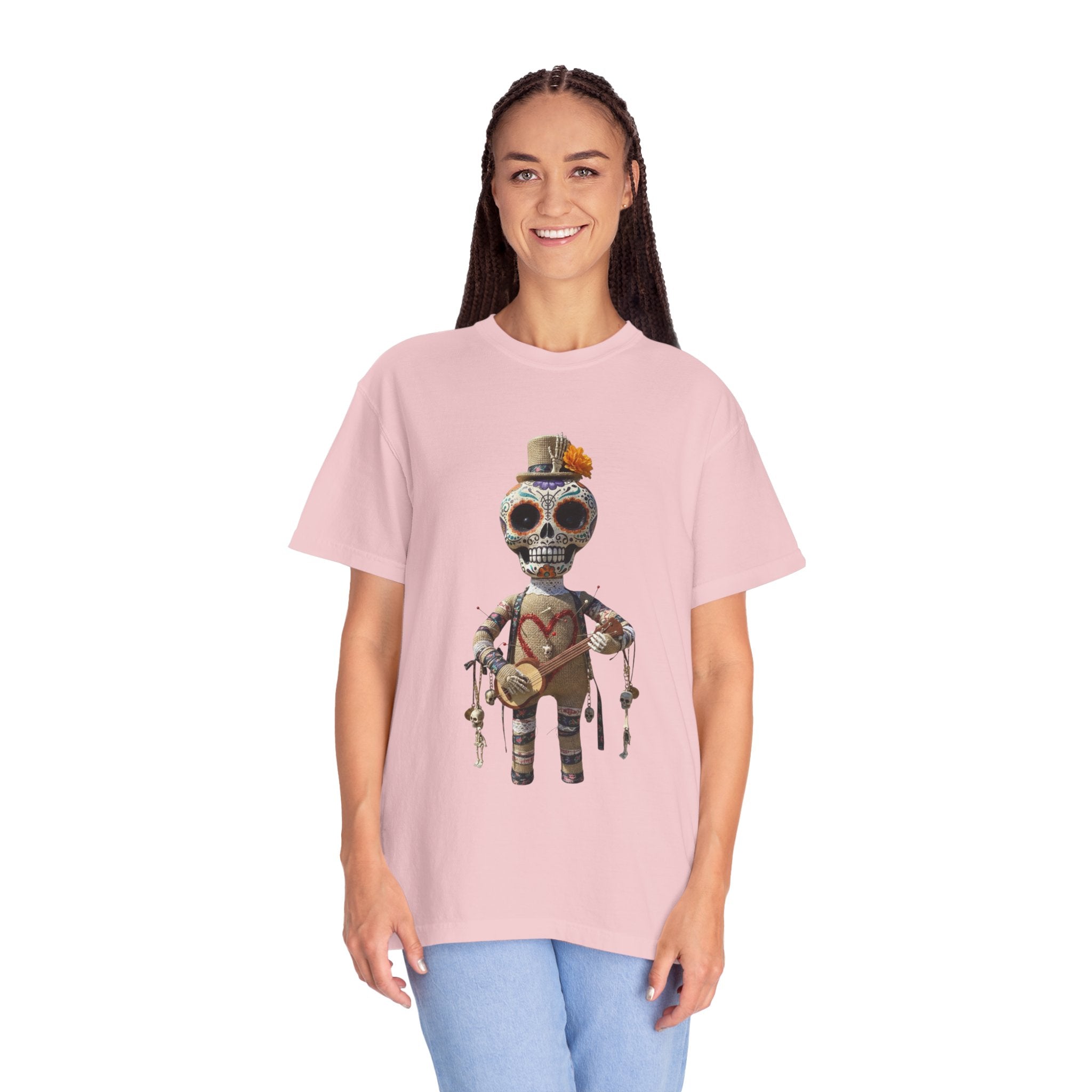 Day of the Dead Sugar Skull Doll T-Shirt — Skeleton Maraca Musician Tee
