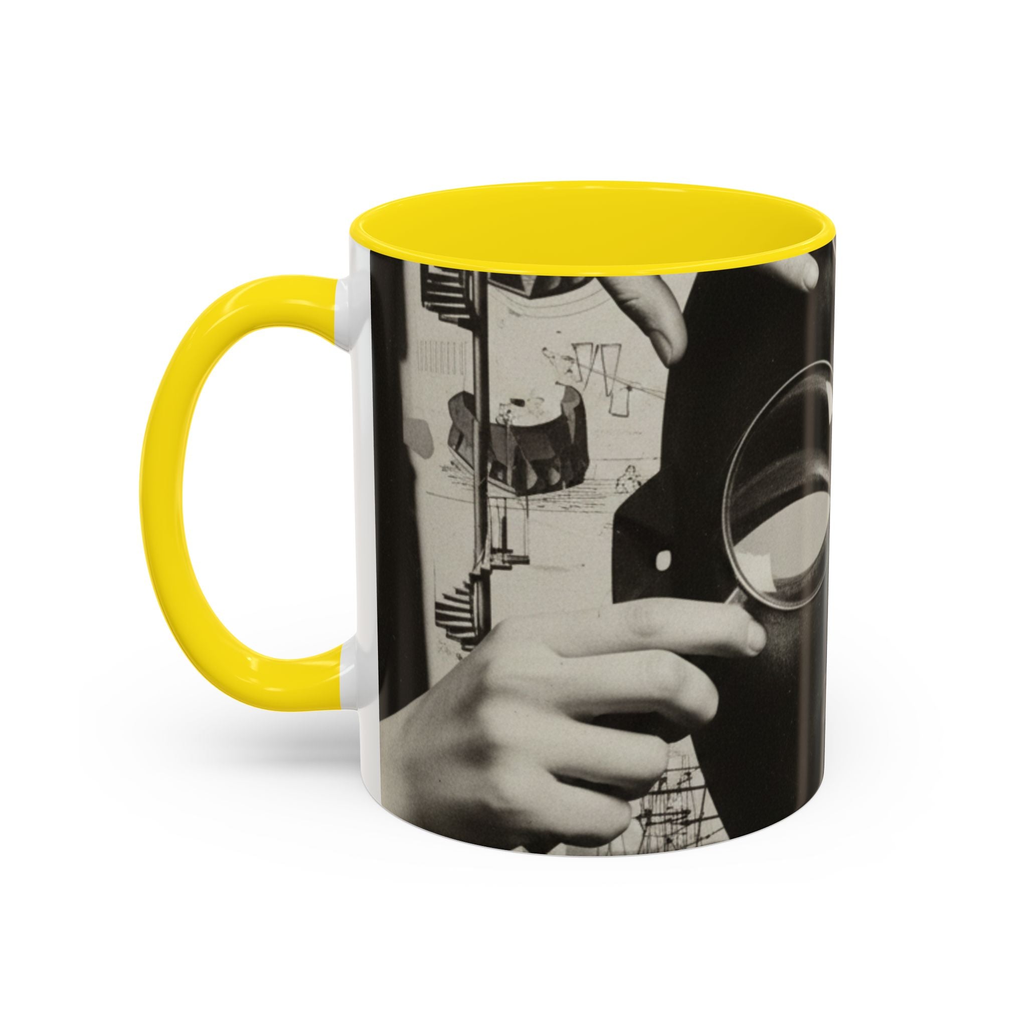 Surreal Dada Mask Accent Coffee Mug — Retro Black & White Art Ceramic (11/15oz)