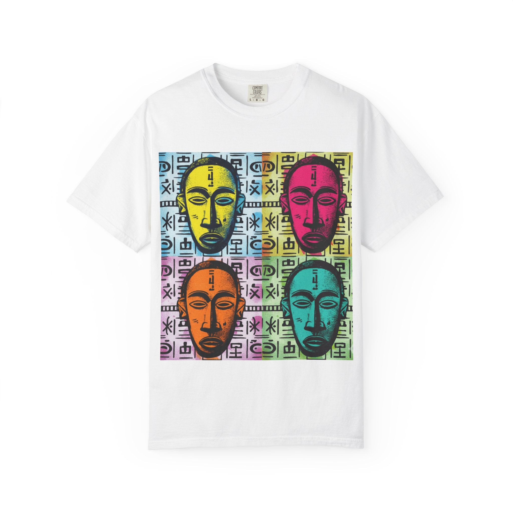 Pop Art Tribal Mask T-Shirt — Colorful Four Faces Graphic Tee