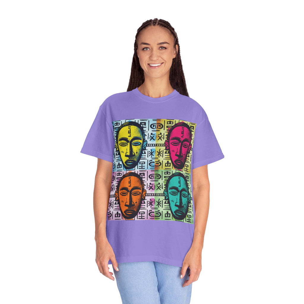 Pop Art Tribal Mask T-Shirt — Colorful Four Faces Graphic Tee