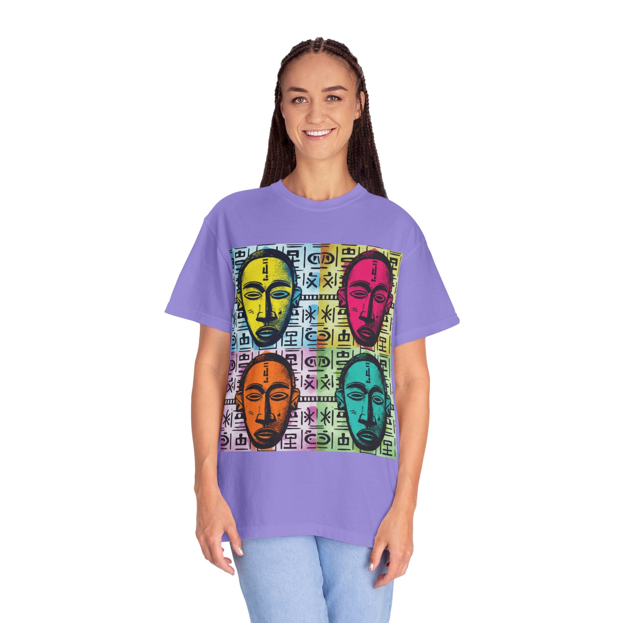Pop Art Tribal Mask T-Shirt — Colorful Four Faces Graphic Tee
