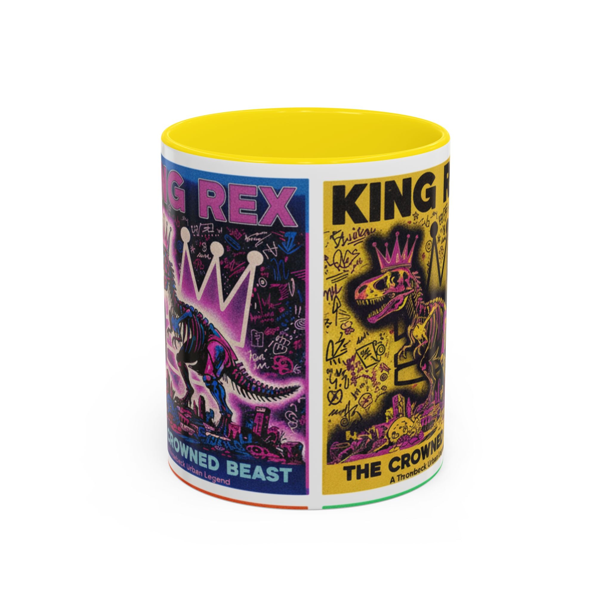 King Rex Pop-Art Coffee Mug — Retro Dinosaur Poster Accent Mug (11/15oz)
