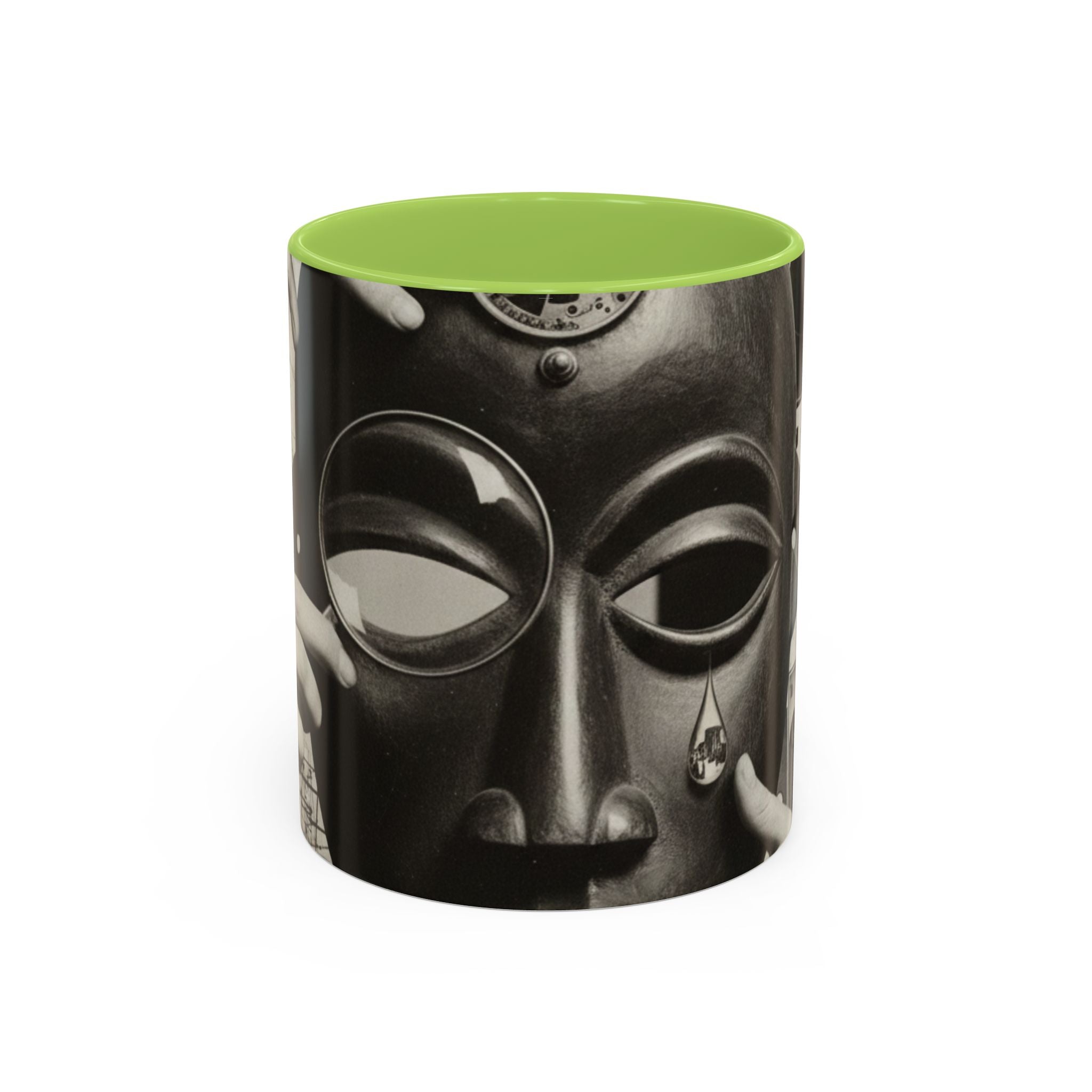 Surreal Dada Mask Accent Coffee Mug — Retro Black & White Art Ceramic (11/15oz)