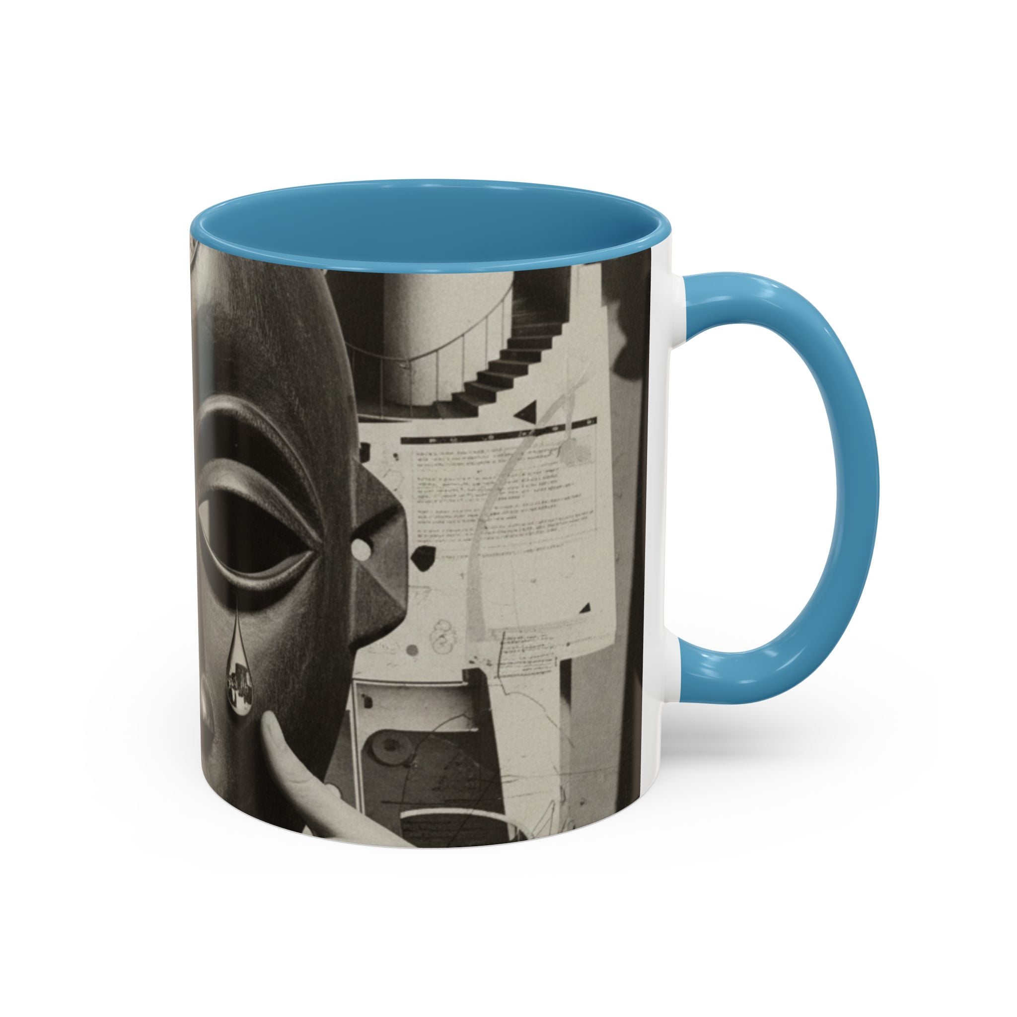 Surreal Dada Mask Accent Coffee Mug — Retro Black & White Art Ceramic (11/15oz)