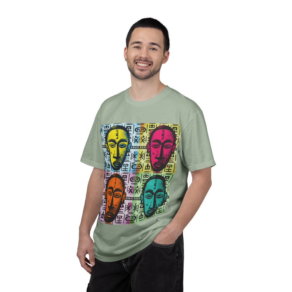 Pop Art Tribal Mask T-Shirt — Colorful Four Faces Graphic Tee