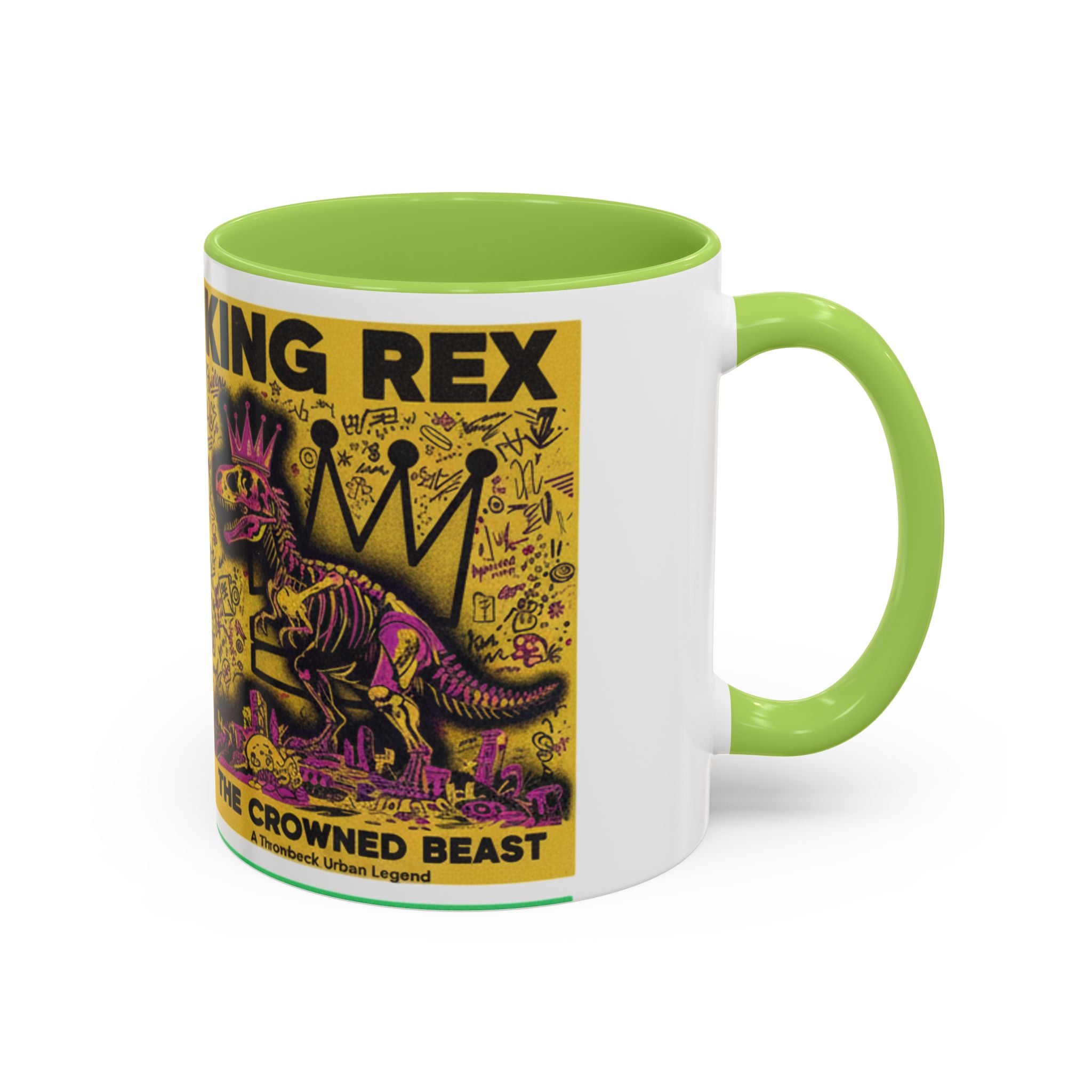 King Rex Pop-Art Coffee Mug — Retro Dinosaur Poster Accent Mug (11/15oz)