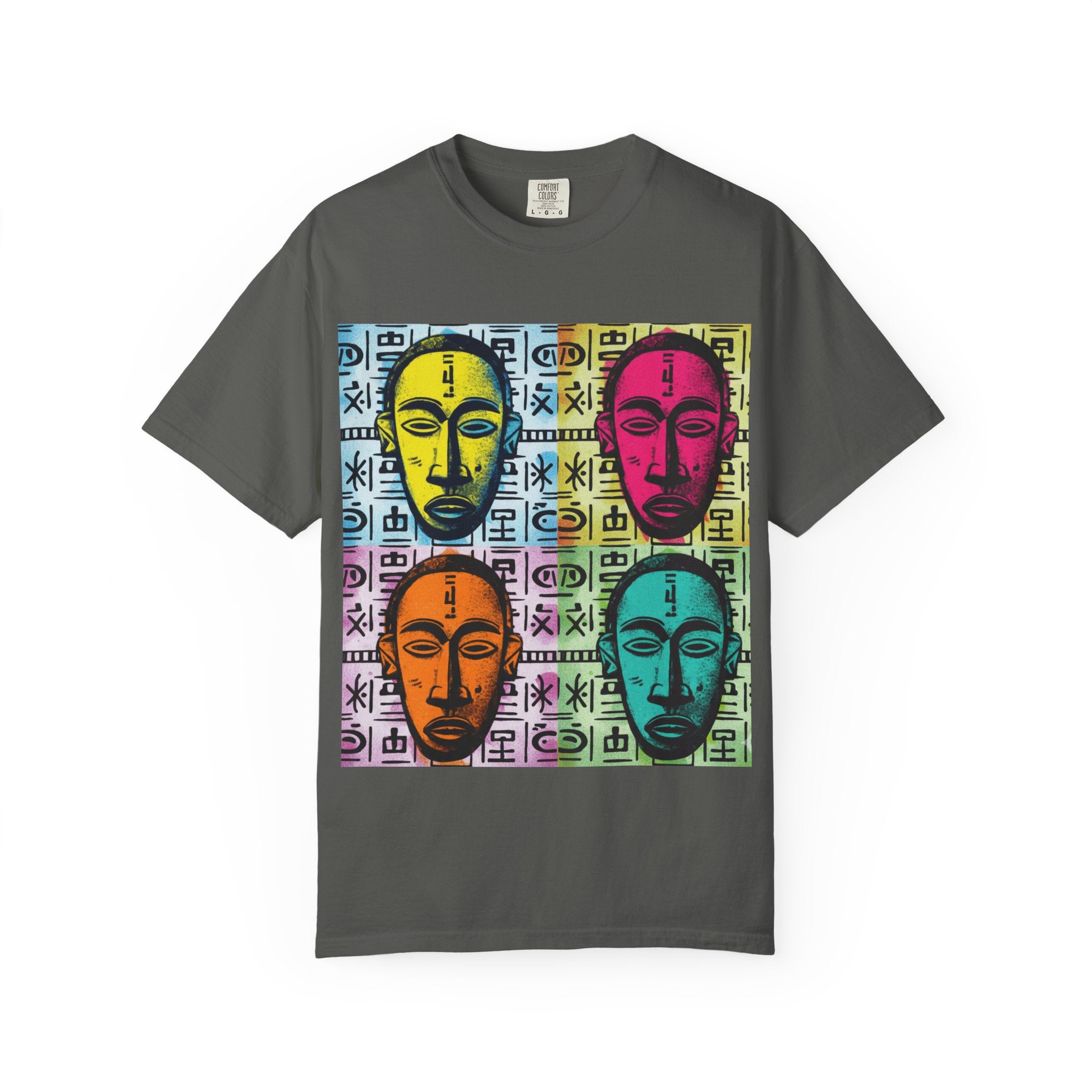 Pop Art Tribal Mask T-Shirt — Colorful Four Faces Graphic Tee
