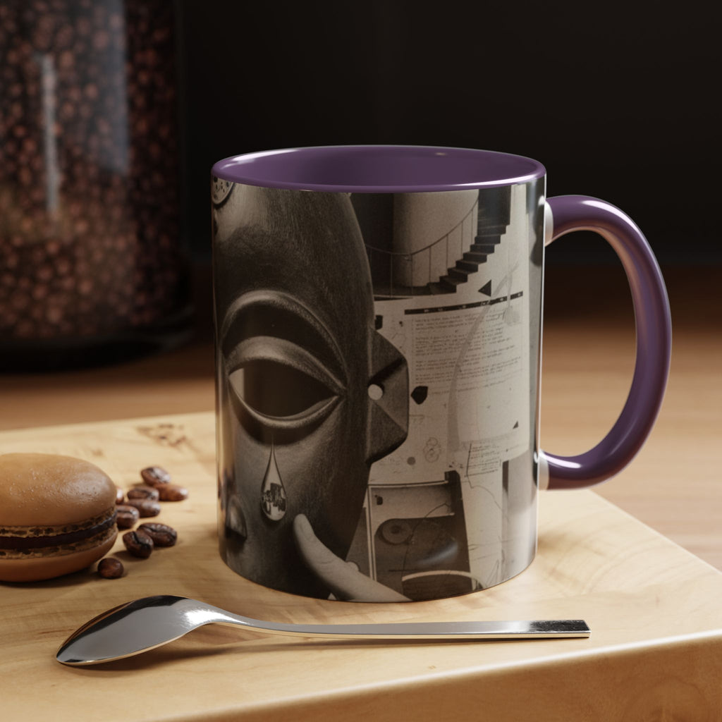 Surreal Dada Mask Accent Coffee Mug — Retro Black & White Art Ceramic (11/15oz)