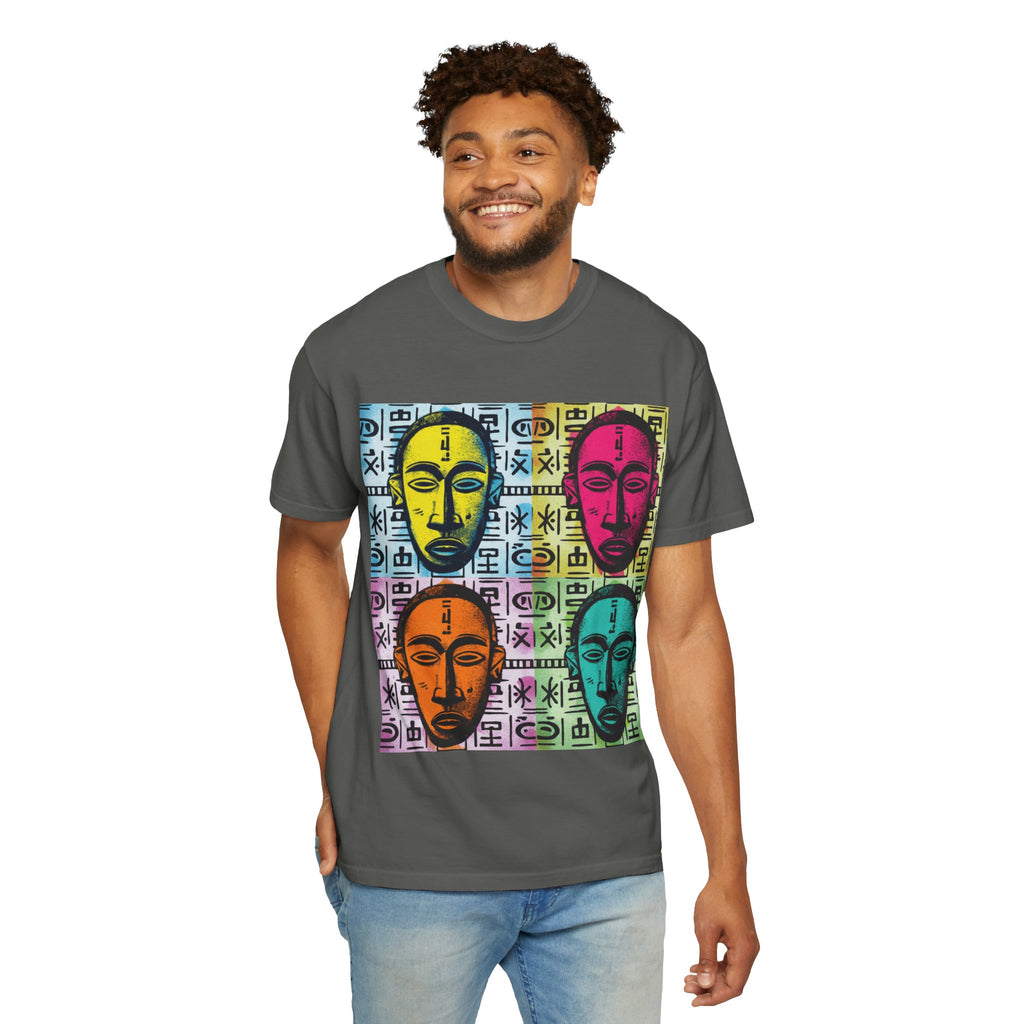 Pop Art Tribal Mask T-Shirt — Colorful Four Faces Graphic Tee