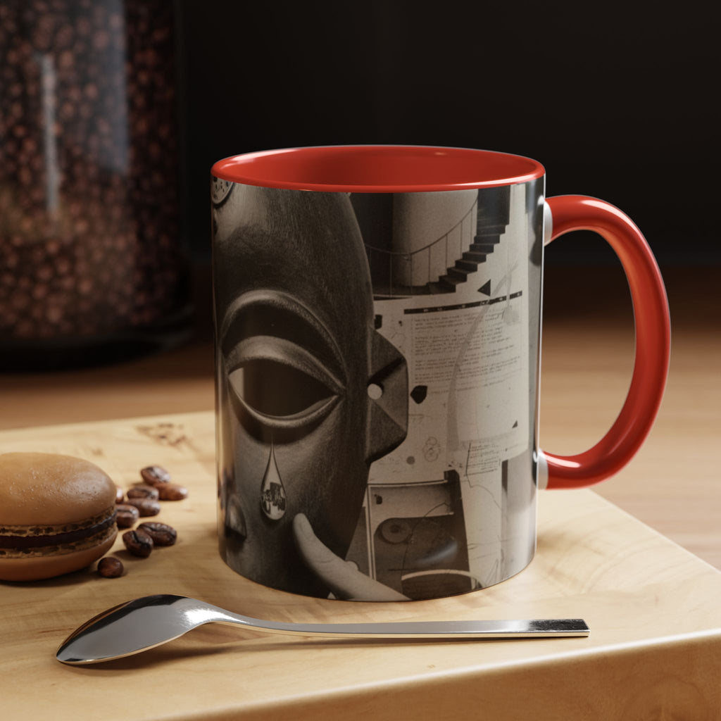 Surreal Dada Mask Accent Coffee Mug — Retro Black & White Art Ceramic (11/15oz)