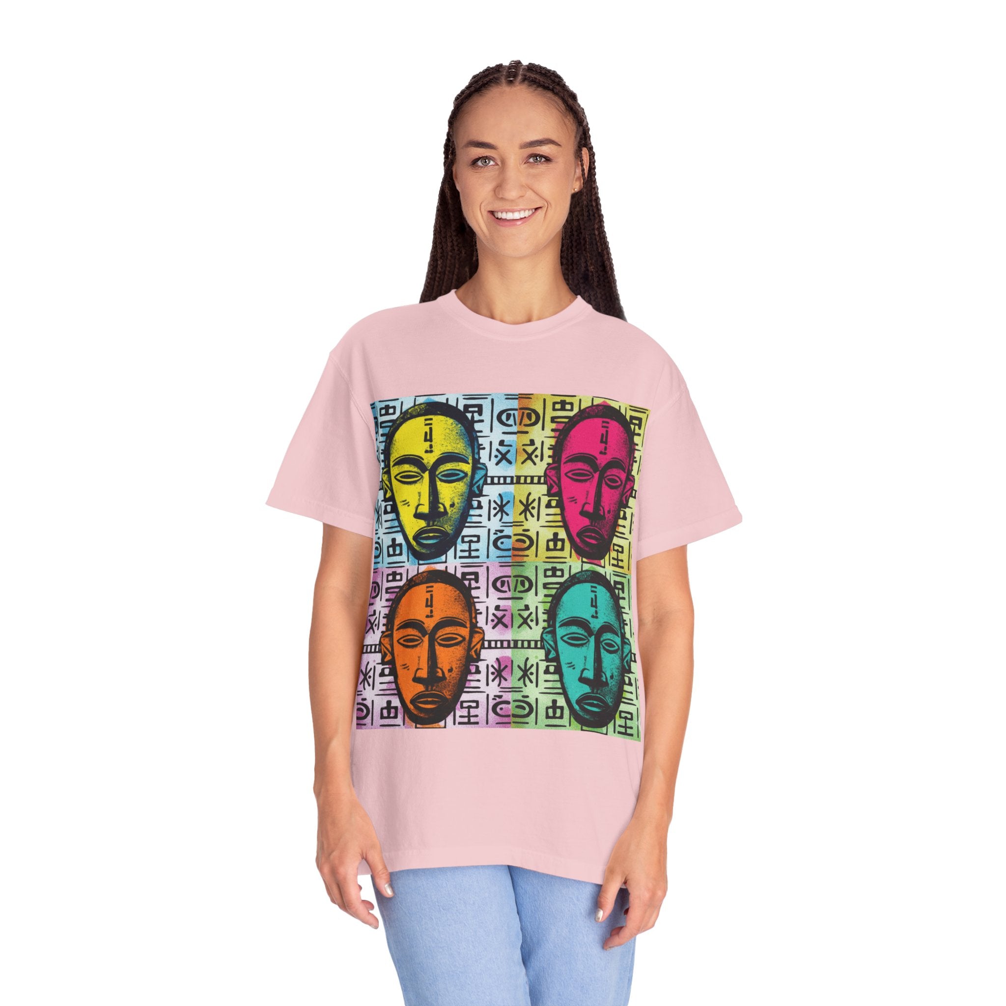 Pop Art Tribal Mask T-Shirt — Colorful Four Faces Graphic Tee