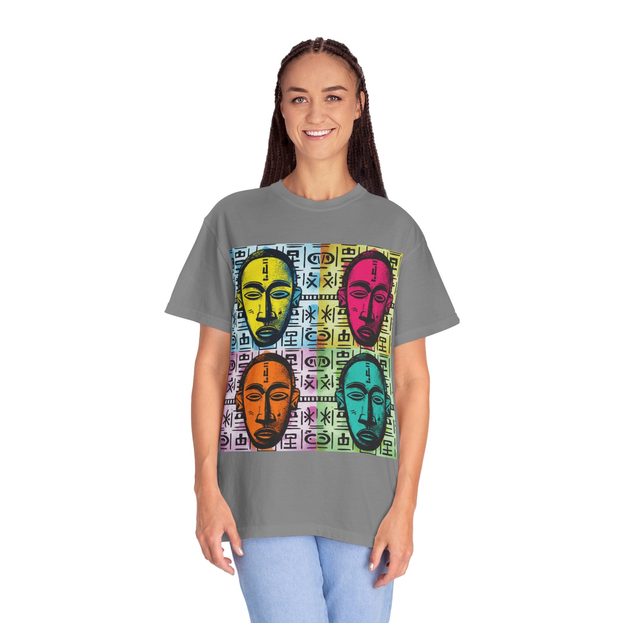 Pop Art Tribal Mask T-Shirt — Colorful Four Faces Graphic Tee