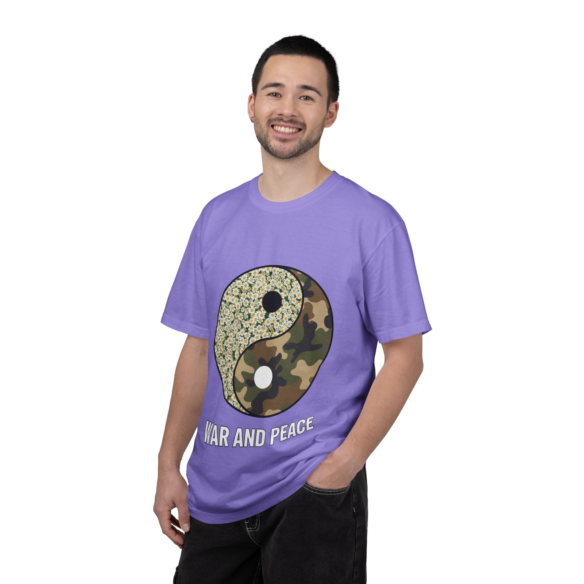 War and Peace Yin Yang T-Shirt — Camouflage & Daisies Graphic Tee