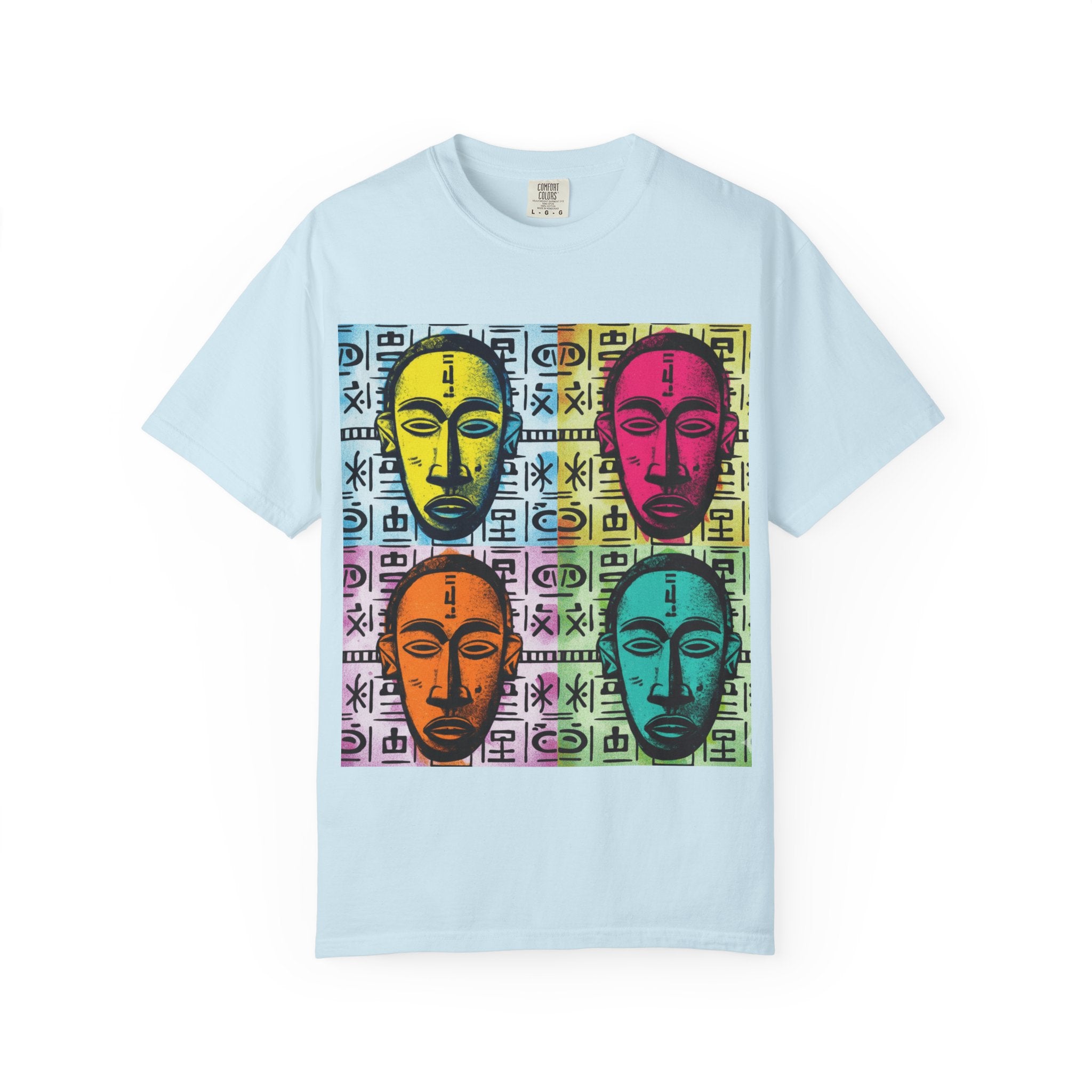 Pop Art Tribal Mask T-Shirt — Colorful Four Faces Graphic Tee