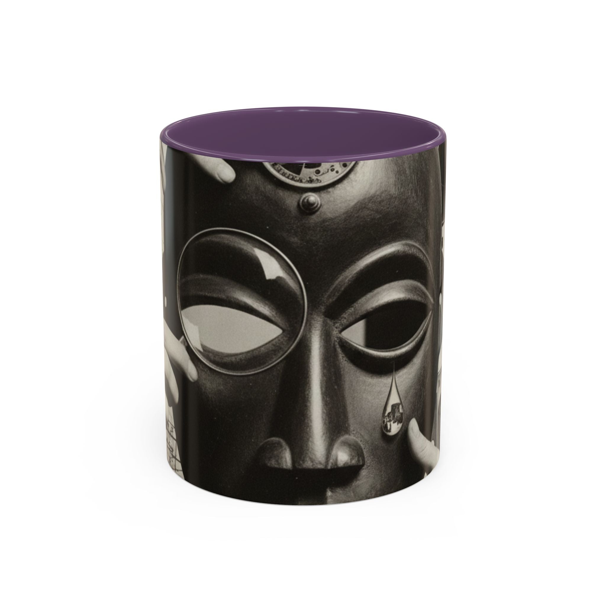 Surreal Dada Mask Accent Coffee Mug — Retro Black & White Art Ceramic (11/15oz)