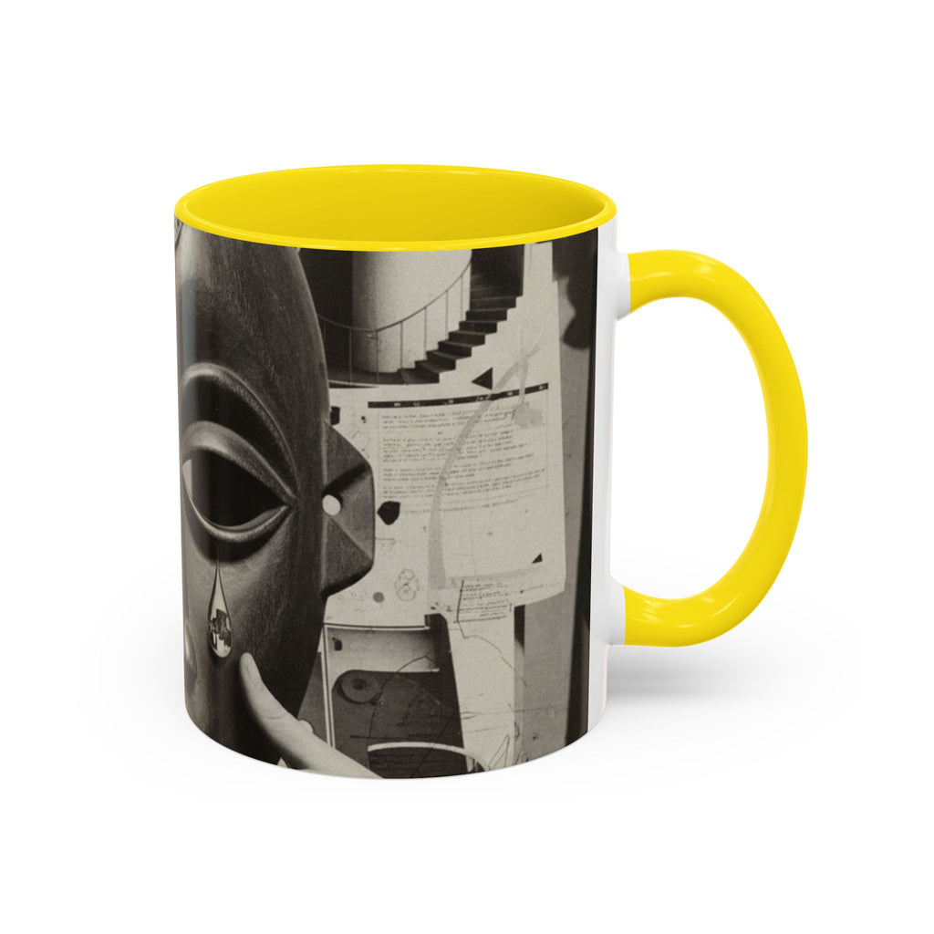 Surreal Dada Mask Accent Coffee Mug — Retro Black & White Art Ceramic (11/15oz)