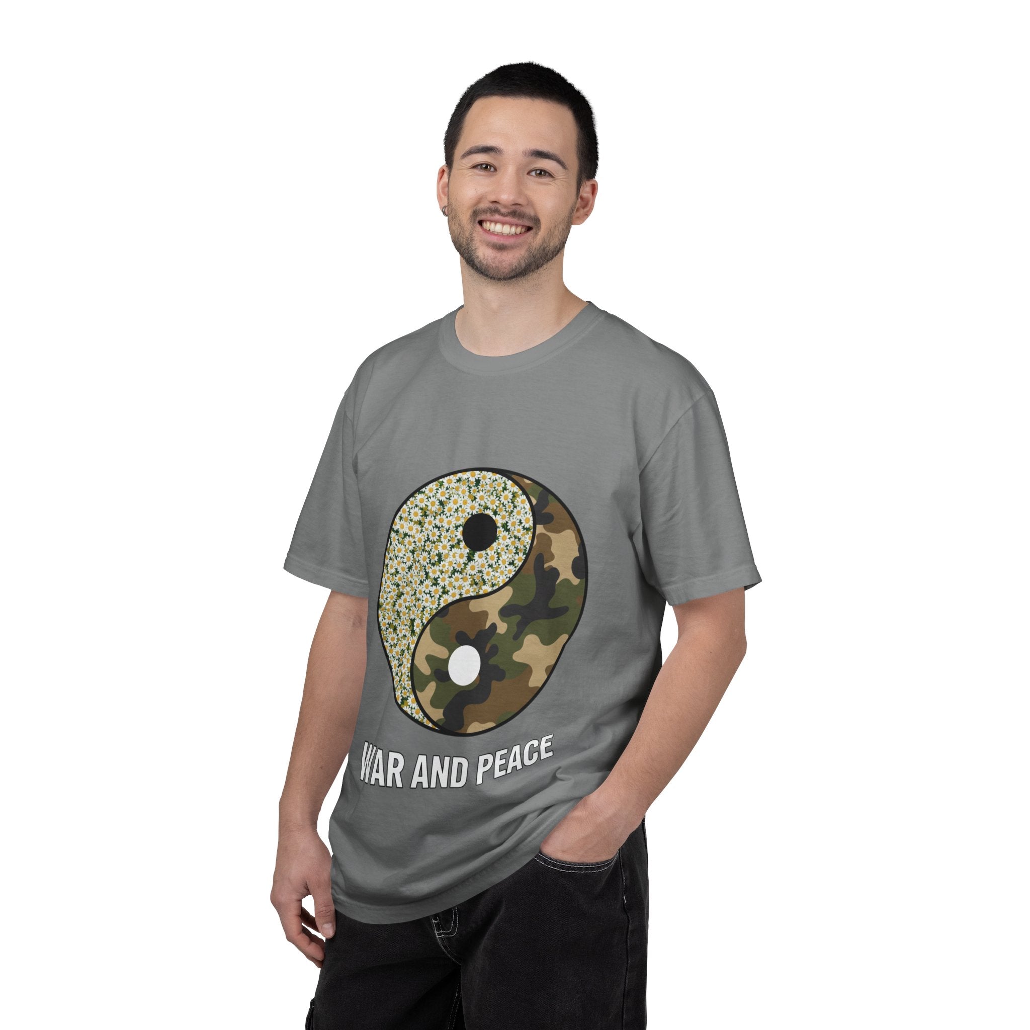 War and Peace Yin Yang T-Shirt — Camouflage & Daisies Graphic Tee