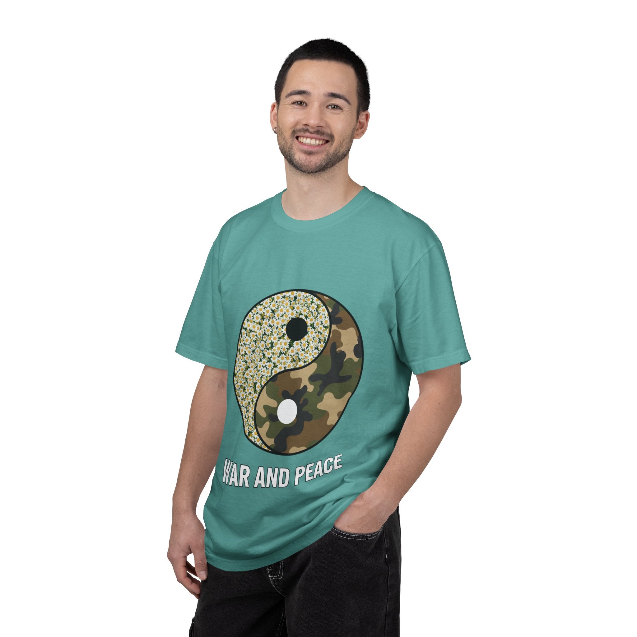 War and Peace Yin Yang T-Shirt — Camouflage & Daisies Graphic Tee