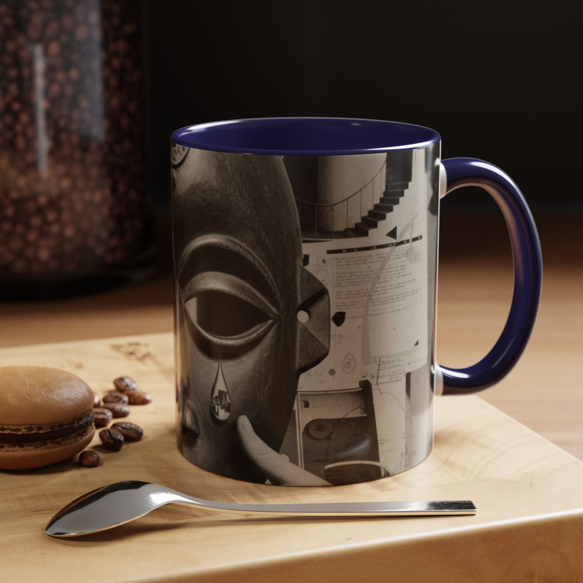 Surreal Dada Mask Accent Coffee Mug — Retro Black & White Art Ceramic (11/15oz)