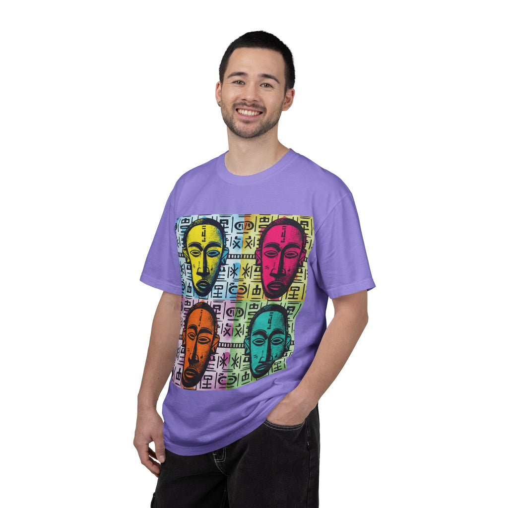 Pop Art Tribal Mask T-Shirt — Colorful Four Faces Graphic Tee