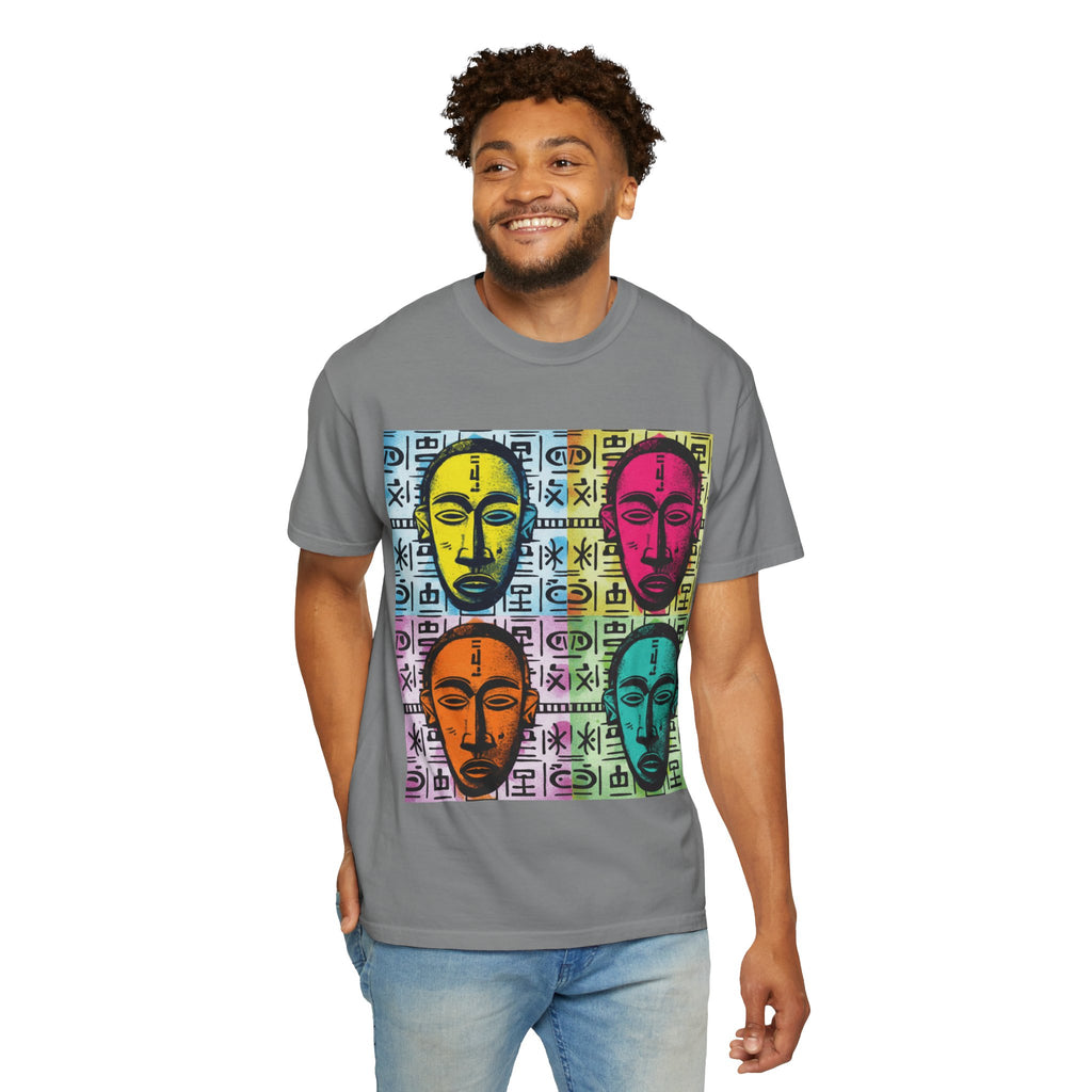 Pop Art Tribal Mask T-Shirt — Colorful Four Faces Graphic Tee
