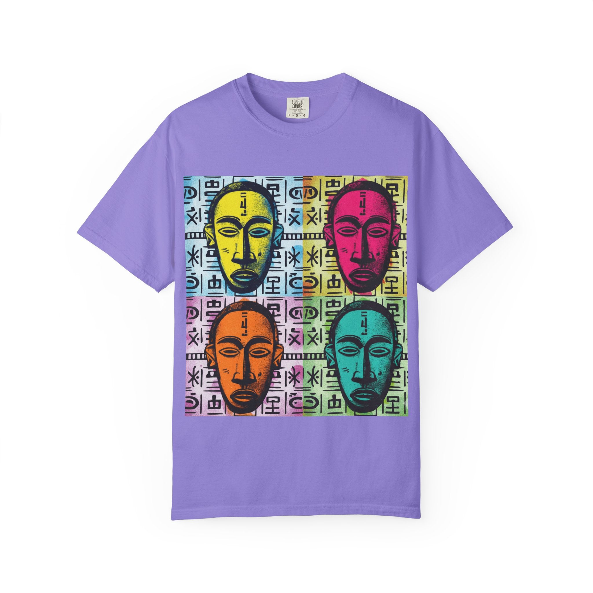 Pop Art Tribal Mask T-Shirt — Colorful Four Faces Graphic Tee